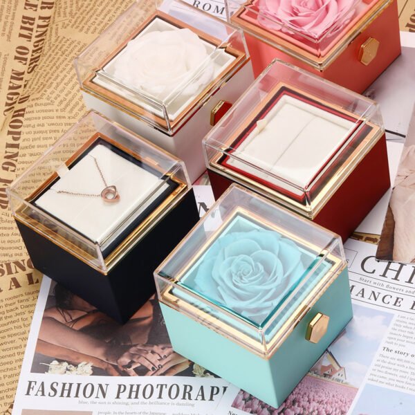 Valentines Day Gift Acrylic Rotatable Preserved Roses Jewelry Box - 图片 2