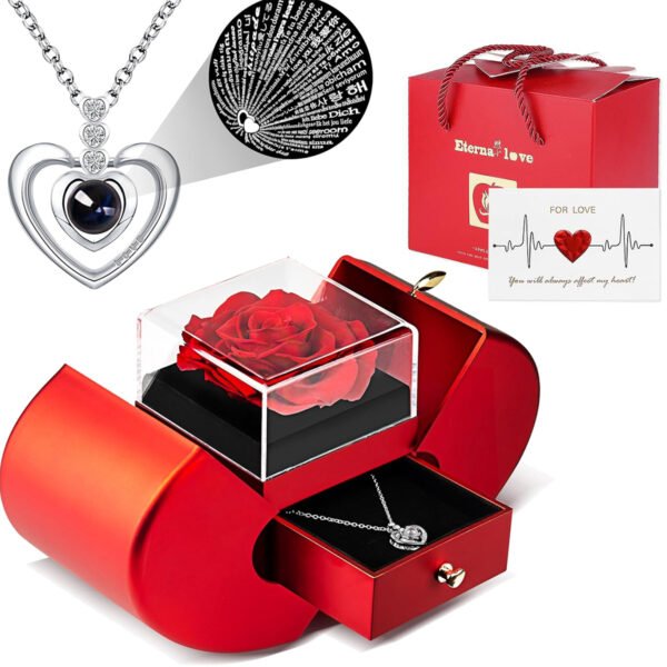 Preserved Real Rose Box with I Love You Necklace 100 Languages