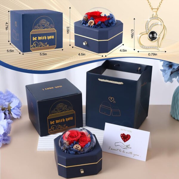 Preserved Real Rose Gifts with I Love You Necklace in 100 Languages - 图片 3