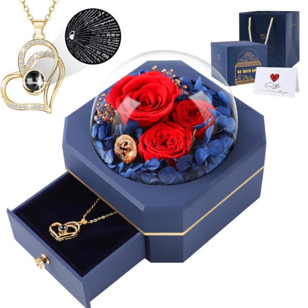 Preserved Real Rose Gifts with I Love You Necklace in 100 Languages