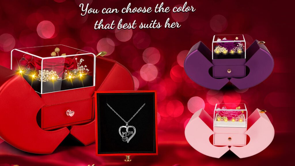 Preserved Red Real Rose with I Love You Necklace, Birthday Gifts for Women Her Mom Wife Girlfriend Grandma Christmas Anniversary Romantic-Red