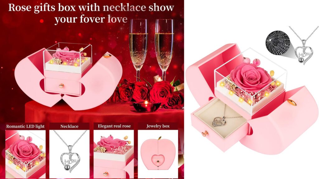 Gifts for Mom from Daughter and Son, Unique Mother Birthday Gift Idea, Preserved Pink Real Roses with I Love You in 100 Languages Mom Necklace, Cool Present to Mother Mama-Pink